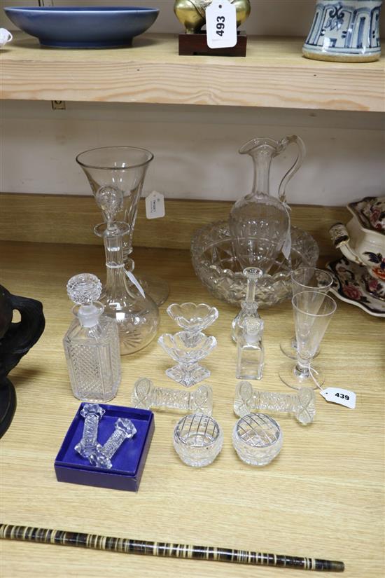 A Victorian engraved glass claret jug and sundry glassware,